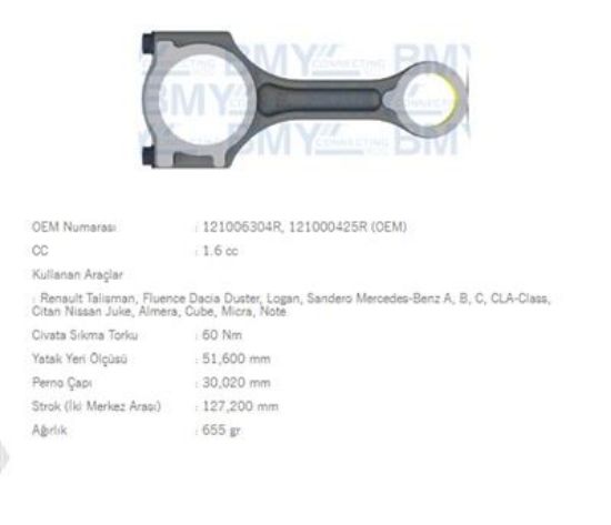 PİSTON KOLU   TALISMAN-FLUENCE-DUSTER-LOGAN-SANDERO-JUKE-ALMERA-CUBE-MICRA-NOTE-NV200 resmi