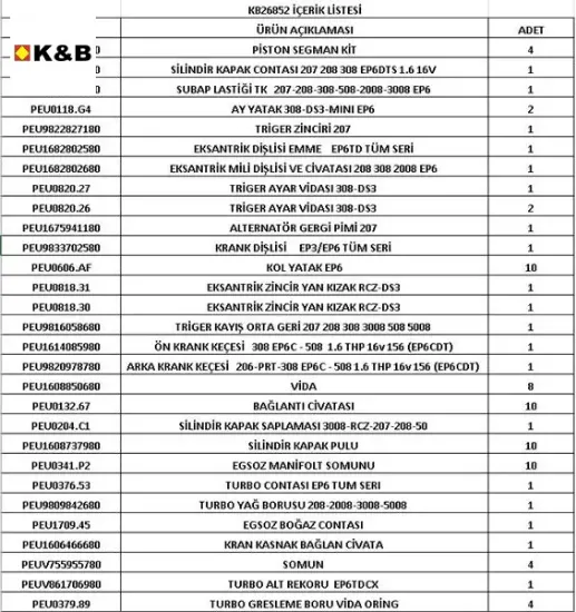 MOTOR REVİZYON ORJİNAL KİT EP6TD TURBOLU (PİSTON+KOL YATAK+EKSANTRİK ZİNCİR SETİ+S.K.C+KEÇE+) resmi